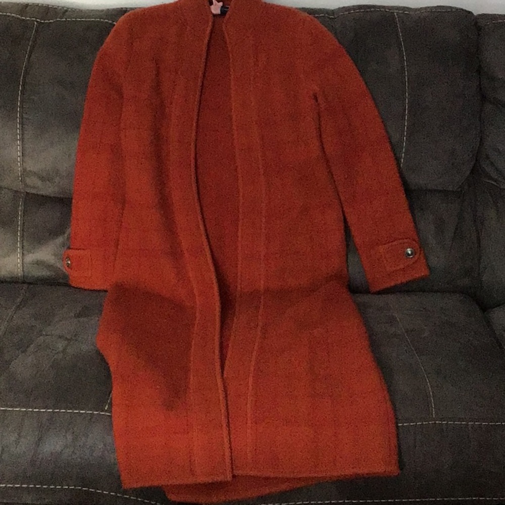 Long red and orange plaid wool coat